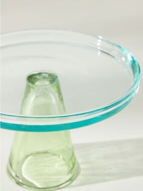 Anthropologie Glass Cake Stand Ramona Mouth-Blown New Blue Green Two-Tone